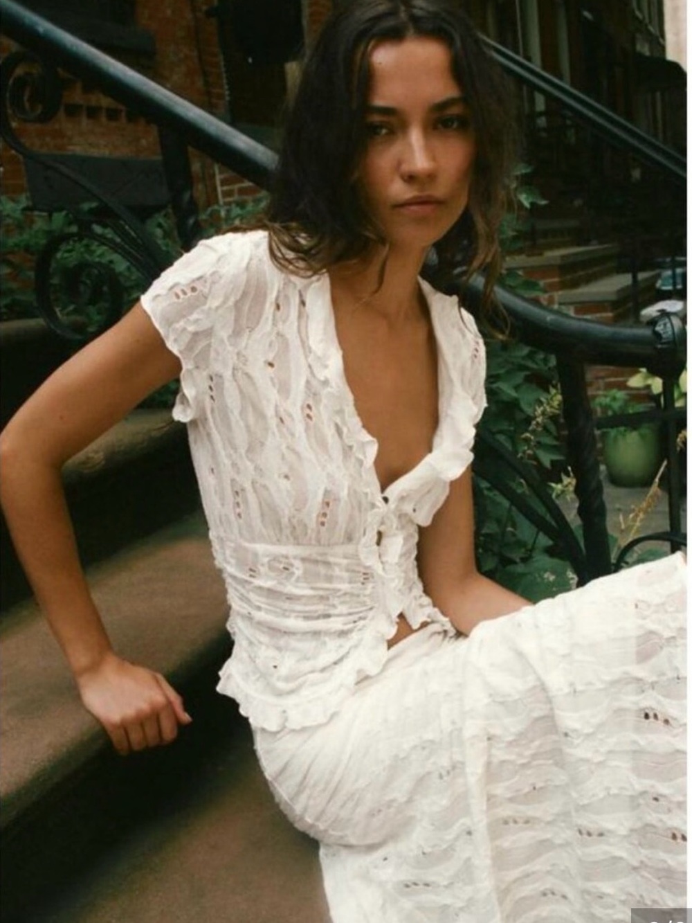ZARA new design ,Women's White Lace Button-Front Top - Elegant Eyelet Detail